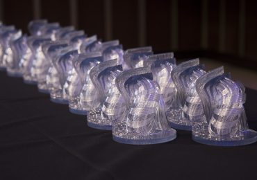 The 2018 3D Printing Industry Awards trophy made by ProtoLabs.